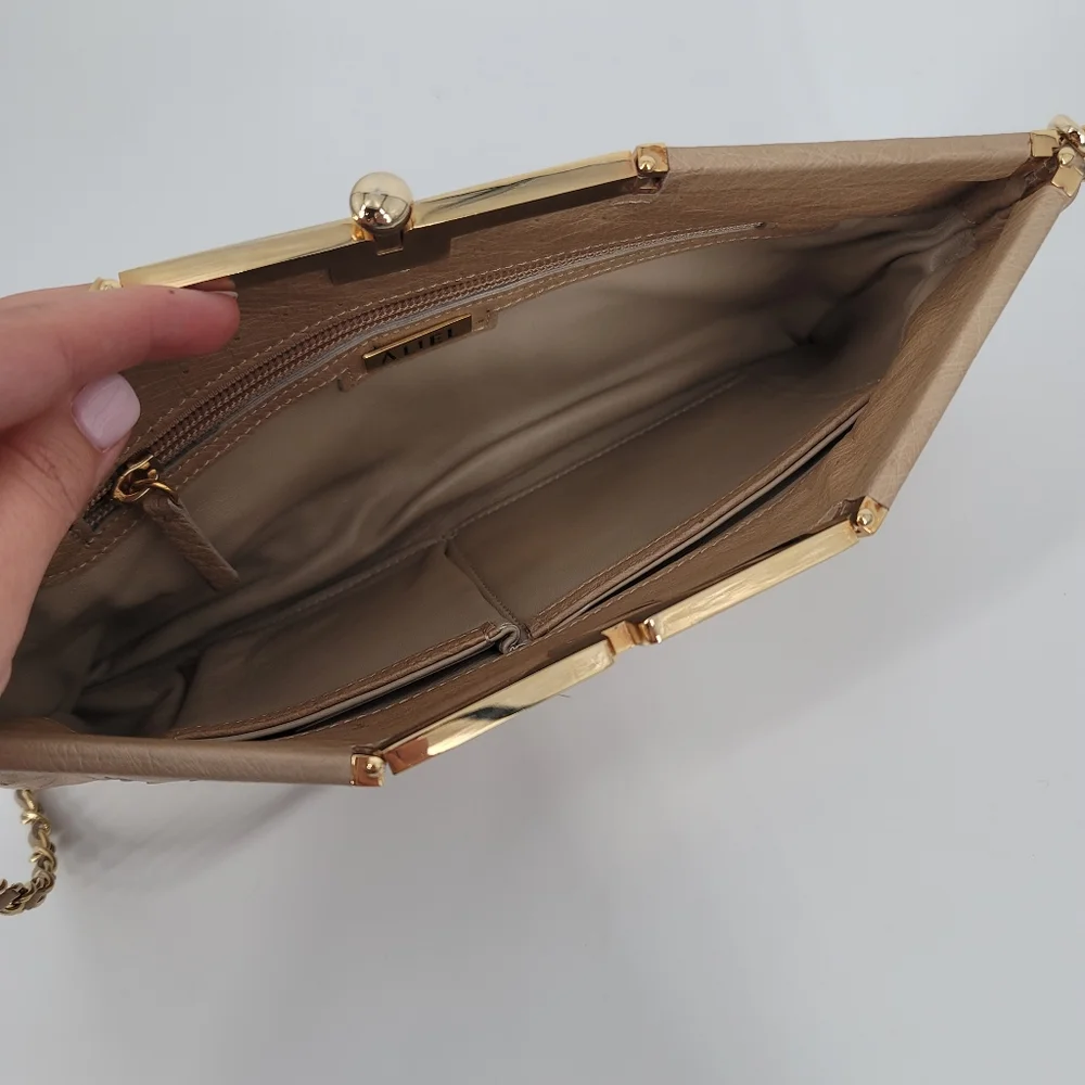 ALIEL Beige Ostrich Leather Flat Clutch Handbag NEW Made in Italy Gold